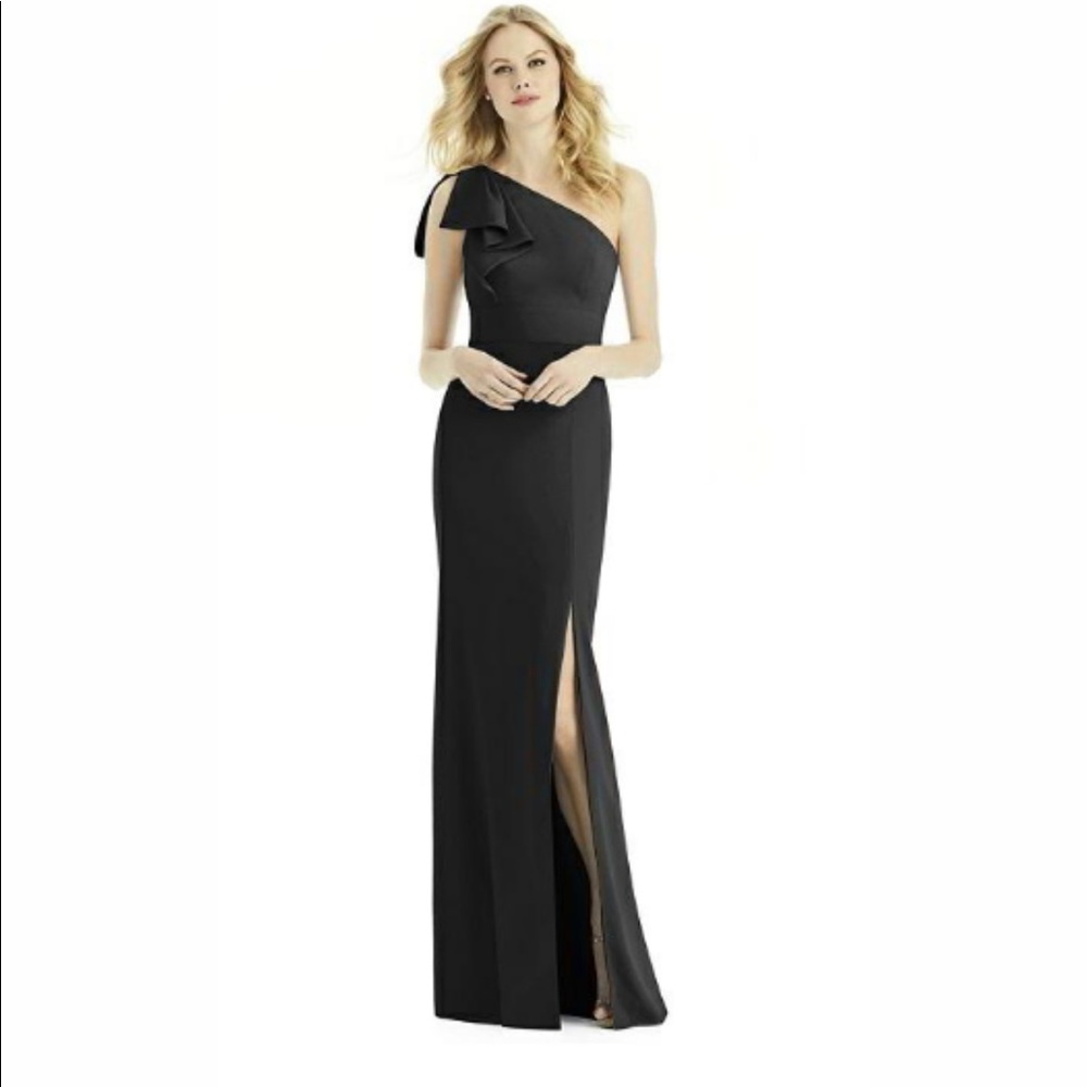 Full length one shoulder gown w. modified bow detail & slit